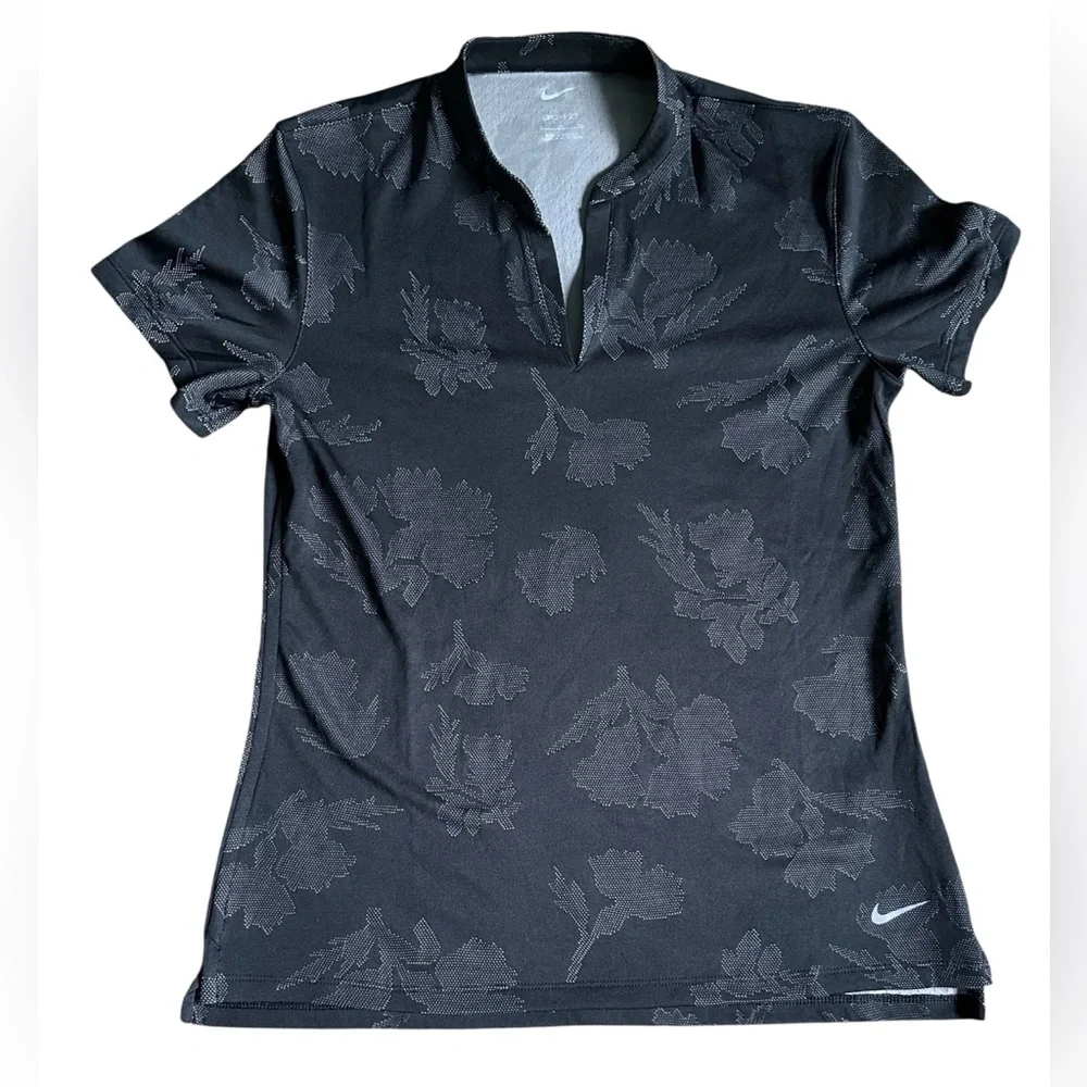 Nike Women’s Black Golf Tennis Shirt with Tonal Floral Pattern - size small - Picture 1 of 5